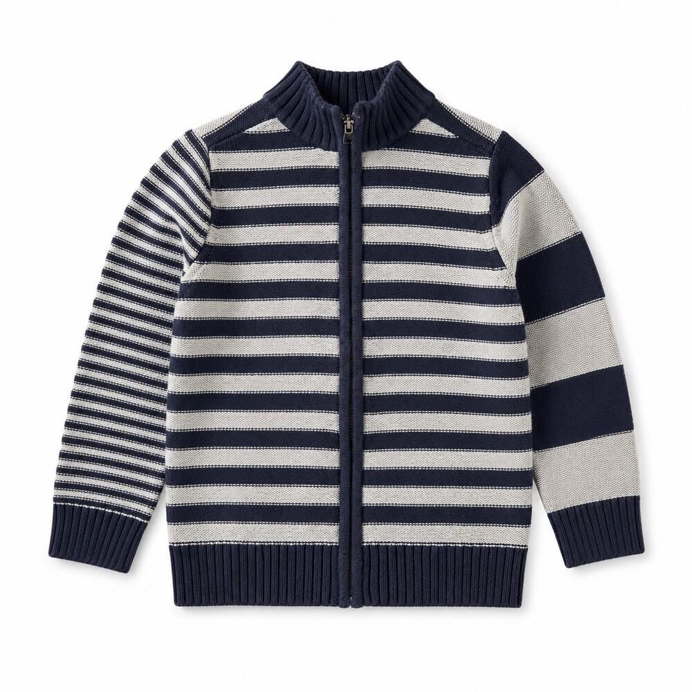 Tea Collection Boys Striped Zip Sweater - Navy Gray Cotton